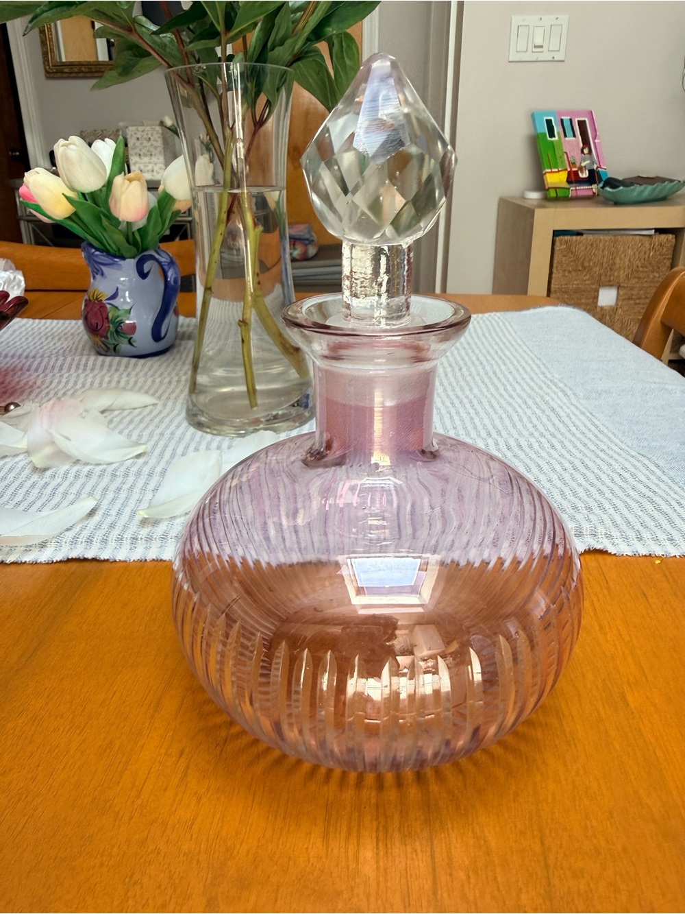 Ribbed Pink Glass Genie Decanter with Faceted Stopper